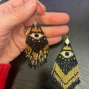Evil Eye Crown design glass bead fringe earrings